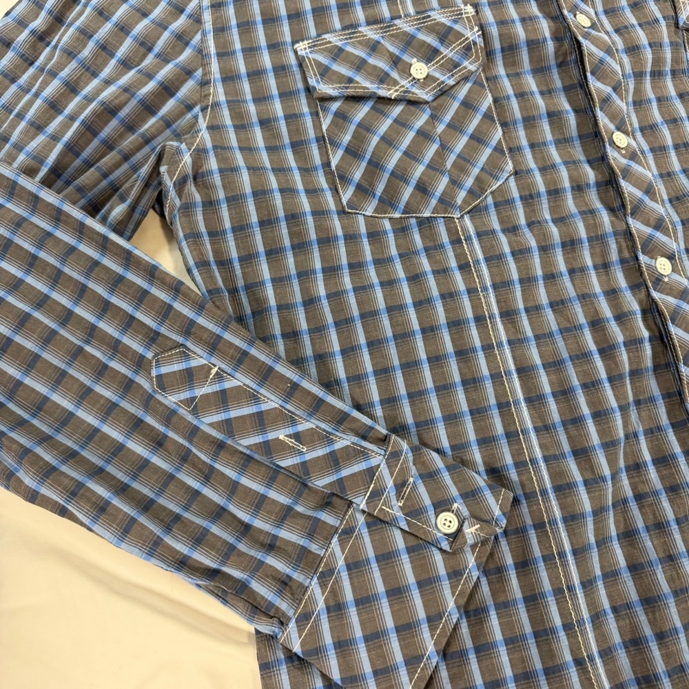 Buckle Black Mens XL Athletic Fit Plaid Button Down Shirt Blue Grey Long Sleeve - Picture 5 of 8
